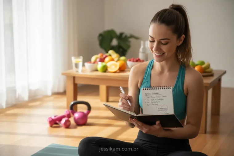 Mulher com diário alimentar e pesos leves