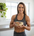 Mulher ectomorfa feminina sorrindo com sua refeição saudável.