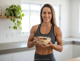Mulher ectomorfa feminina sorrindo com sua refeição saudável.