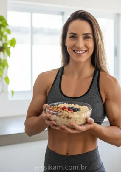 Mulher ectomorfa feminina sorrindo com sua refeição saudável.