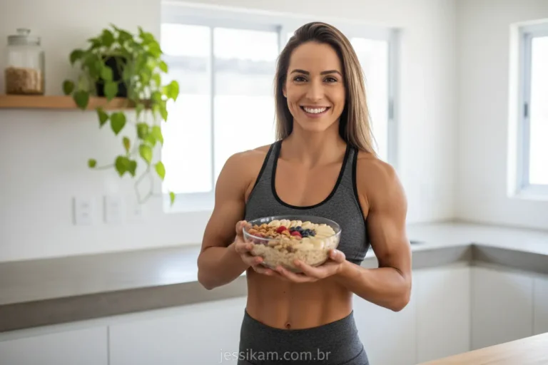Mulher ectomorfa feminina sorrindo com sua refeição saudável.