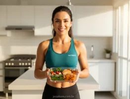 Mulher feliz com foco na dieta.