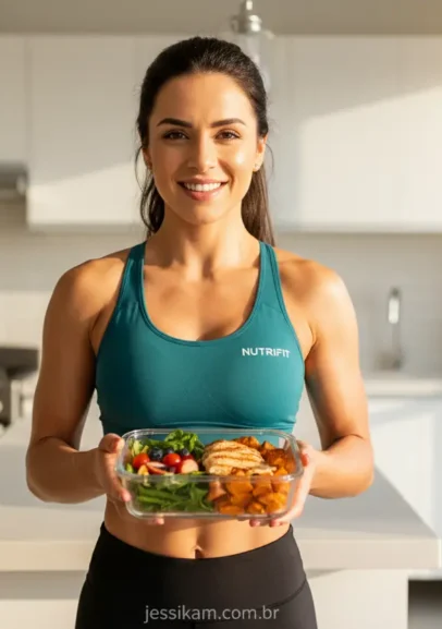 Mulher feliz com foco na dieta.