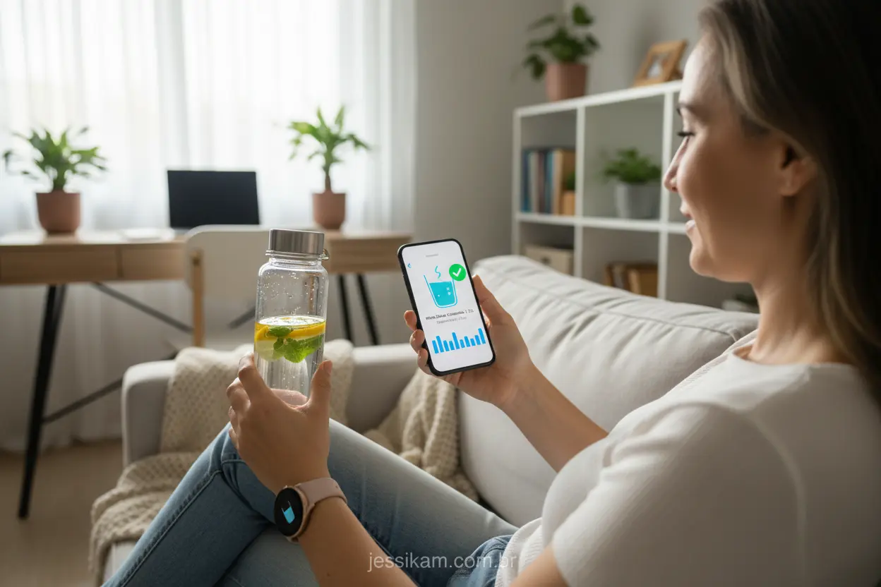 Mulher monitorando ingestão de água para emagrecer