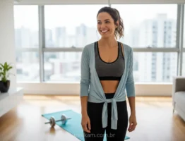 Mulher sorrindo em casa, pronta para treinar