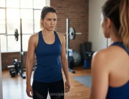 Mulher em frente ao espelho, frustrada com o corpo que não muda.
