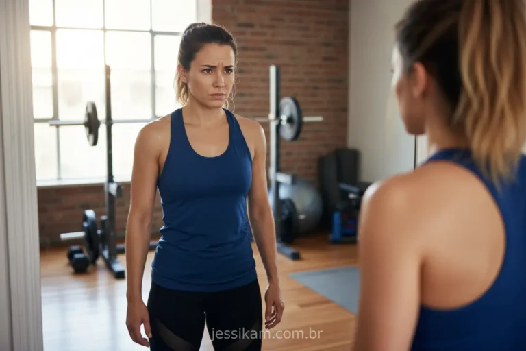 Mulher em frente ao espelho, frustrada com o corpo que não muda.