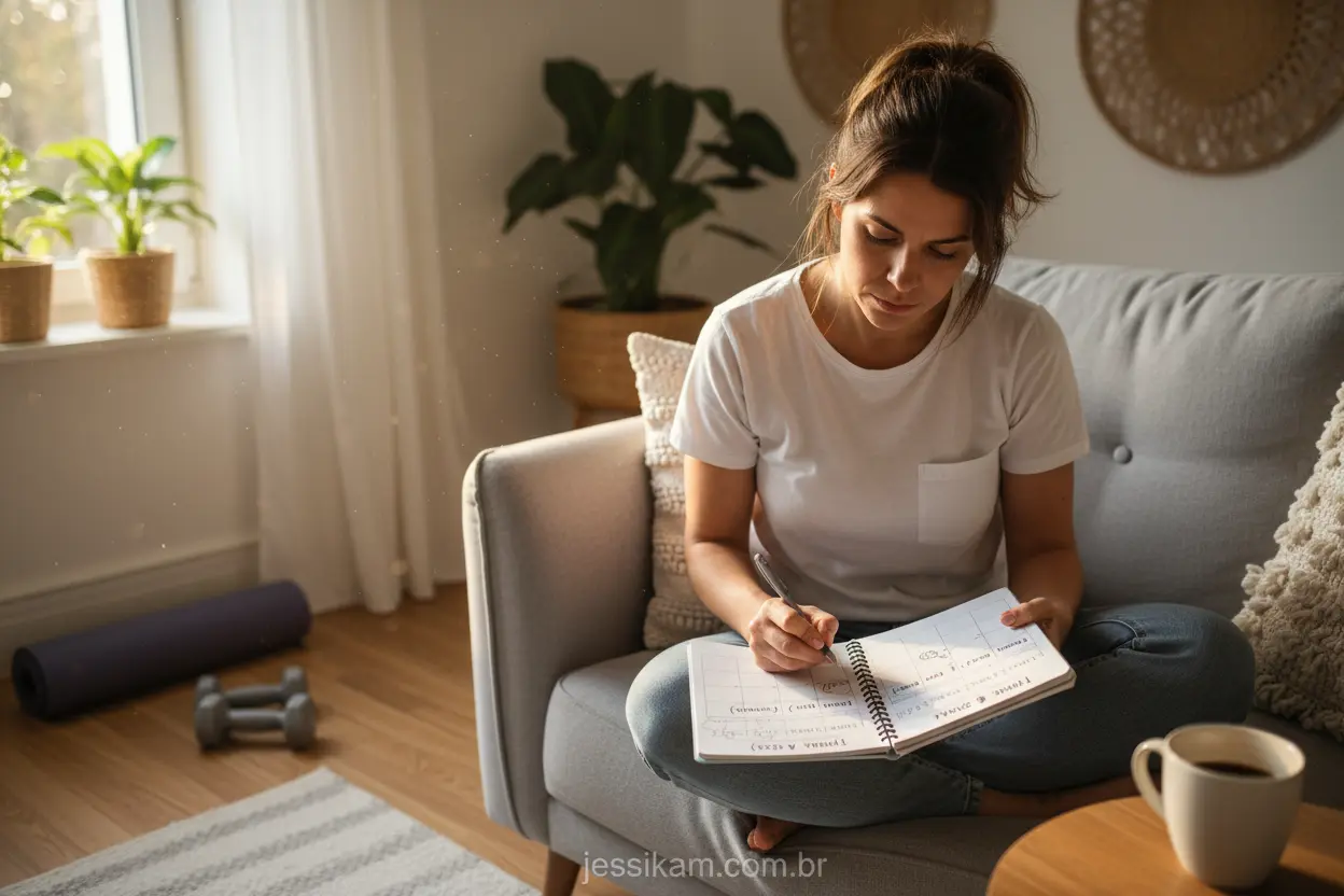 Planejamento da rotina fitness Mulher planejando sua rotina fitness em casa