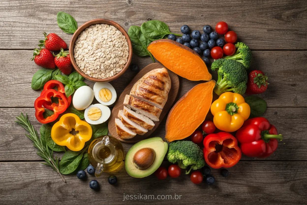 Flat lay de alimentos essenciais para uma despensa fit