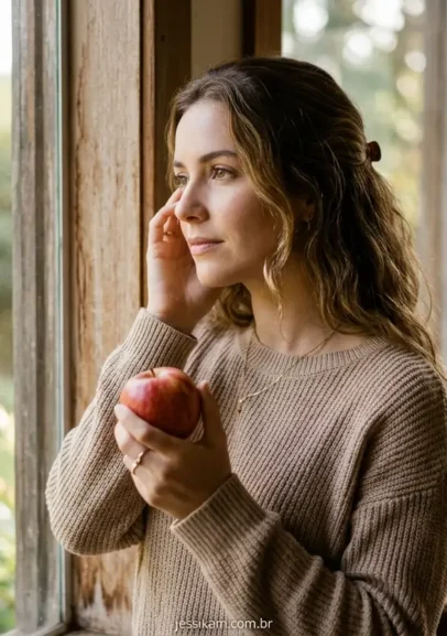 Mulher pensativa segurando fruta, representando a superação da fome emocional.