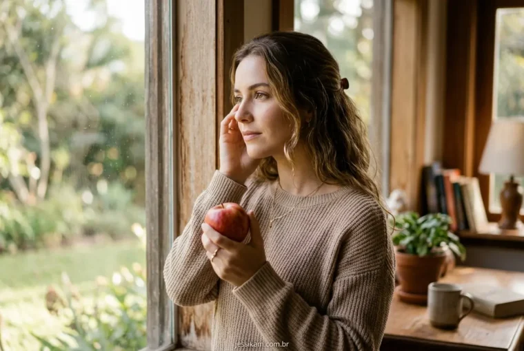 Mulher pensativa segurando fruta, representando a superação da fome emocional.