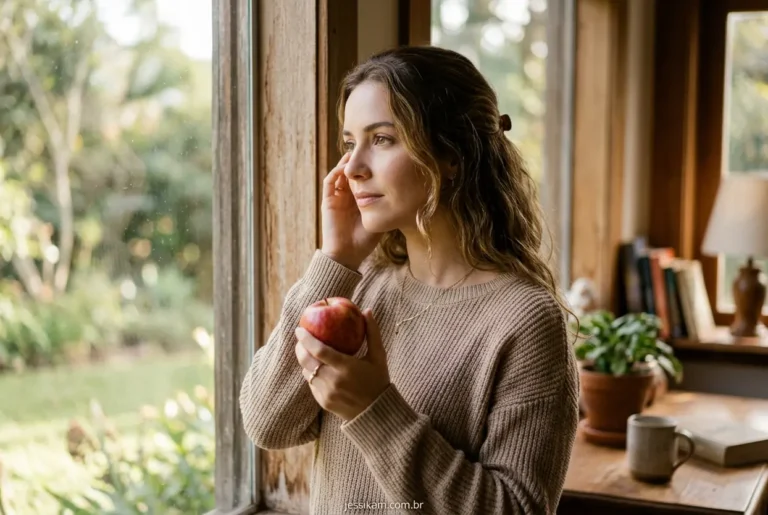 Mulher pensativa segurando fruta, representando a superação da fome emocional.