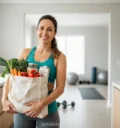 Mulher com lista de compras fit para iniciantes