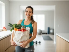 Mulher com lista de compras fit para iniciantes