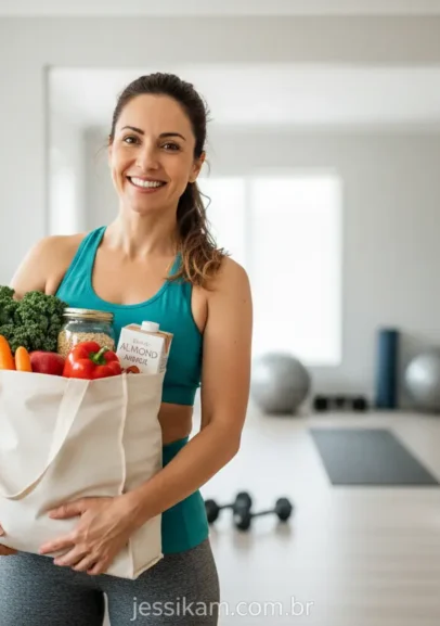 Mulher com lista de compras fit para iniciantes