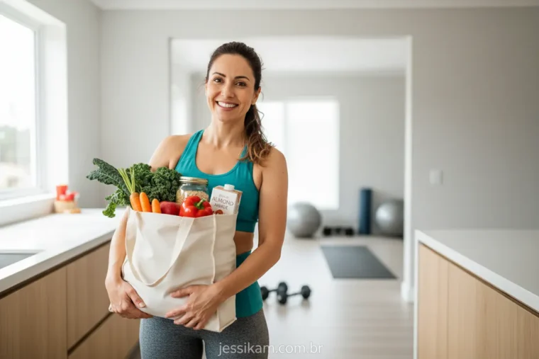 Mulher com lista de compras fit para iniciantes