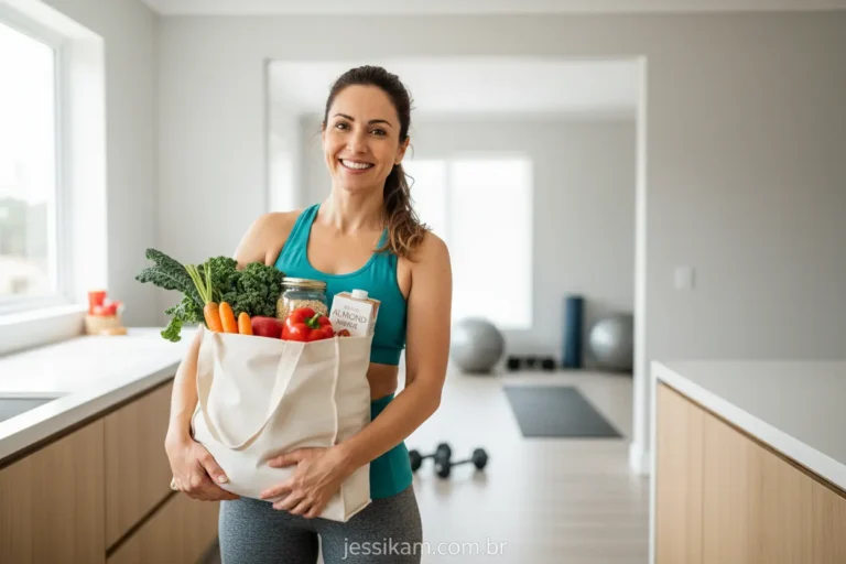 Mulher com lista de compras fit para iniciantes