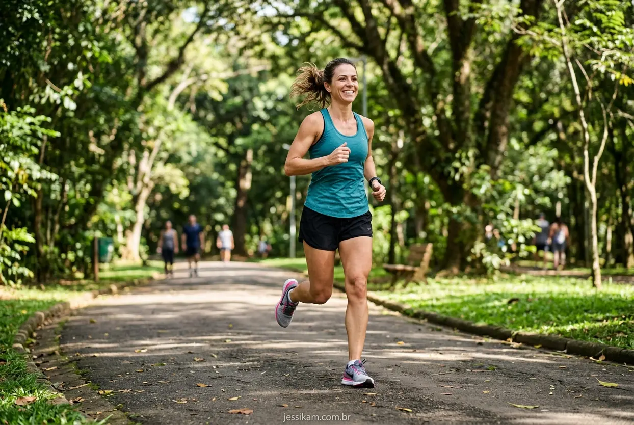 Mulher correndo em parque com joelhos saudáveis
