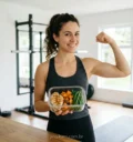 Mulher em forma com refeição saudável, simbolizando o que é bulking limpo (mulher)