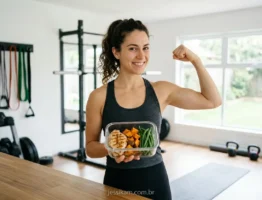 Mulher em forma com refeição saudável, simbolizando o que é bulking limpo (mulher)