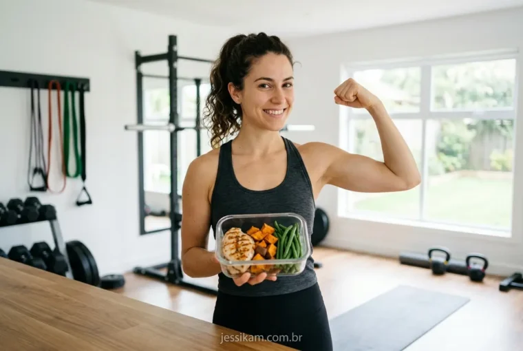 Mulher em forma com refeição saudável, simbolizando o que é bulking limpo (mulher)