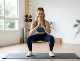 Mulher treinando em casa para fortalecer o joelho