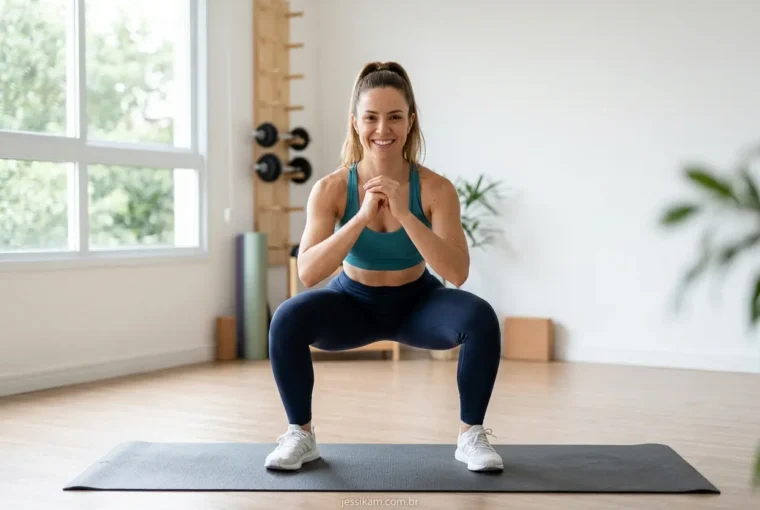 Mulher treinando em casa para fortalecer o joelho