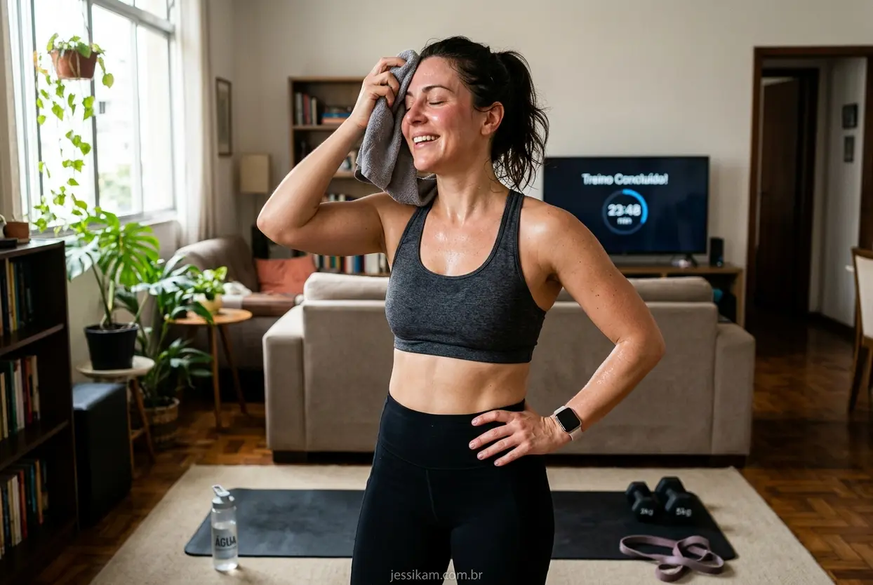 Mulher sentindo os benefícios do HIIT Benefícios do treino HIIT para mulheres em casa