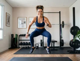 Mulher fazendo treino HIIT em casa com foco