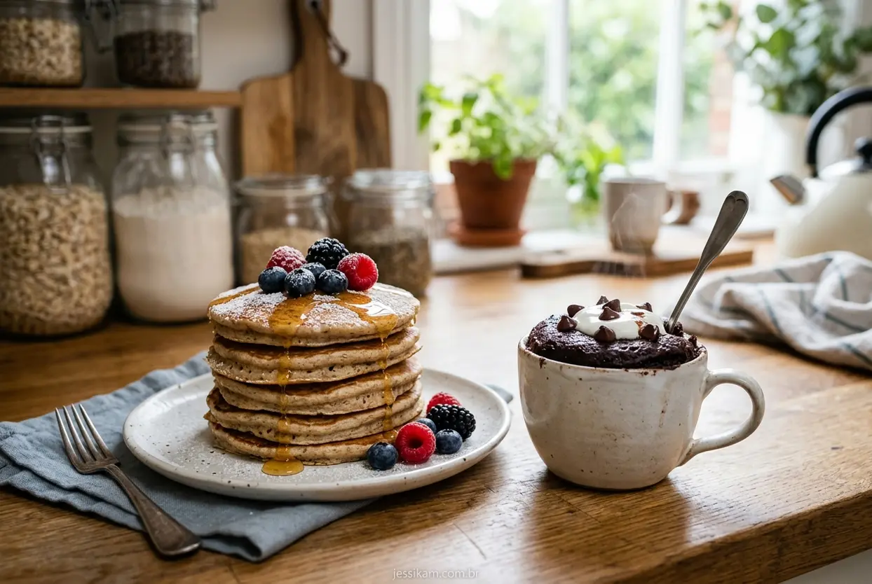 Panquecas e Bolo de Caneca Proteicos Panquecas e bolo de caneca feitos com whey protein.