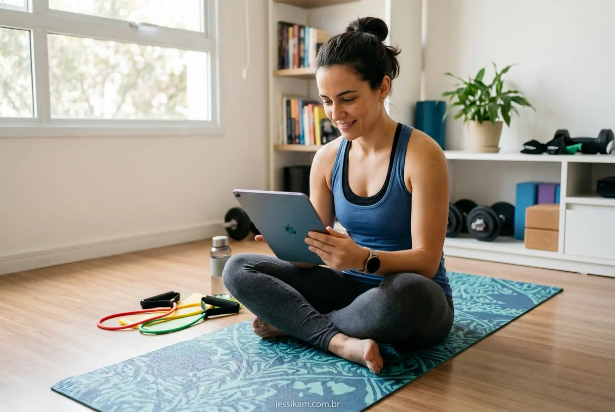 Mulher planejando sua rotina de exercícios para braços em casa, com tablet e acessórios.