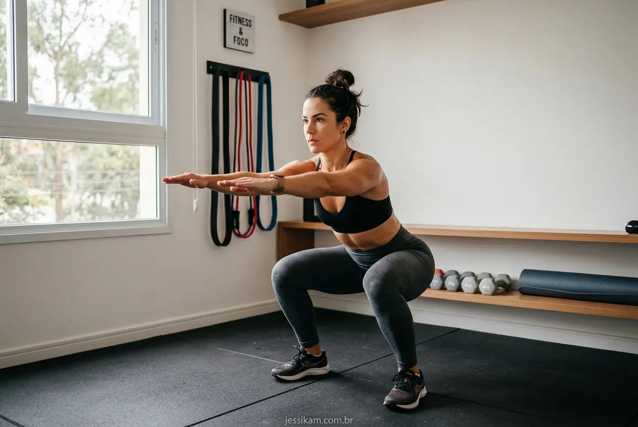 Mulher treinando em casa com foco, usando apenas o peso do corpo.