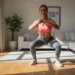 Mulher treinando agachamento em casa para fortalecer bumbum e coxas.