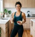 Mulher sorrindo com shake e refeição pós-treino