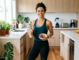 Mulher sorrindo com shake e refeição pós-treino