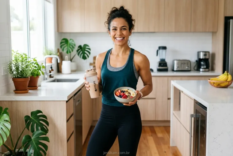 Mulher sorrindo com shake e refeição pós-treino