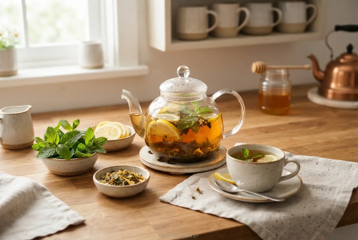 bule-de-vidro-com-cha-de-ervas Bule de vidro com chá de ervas diuréticas ao lado de fatias de limão fresco.