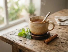 Caneca de cerâmica com chás que ajudam a desinchar em uma mesa de madeira.