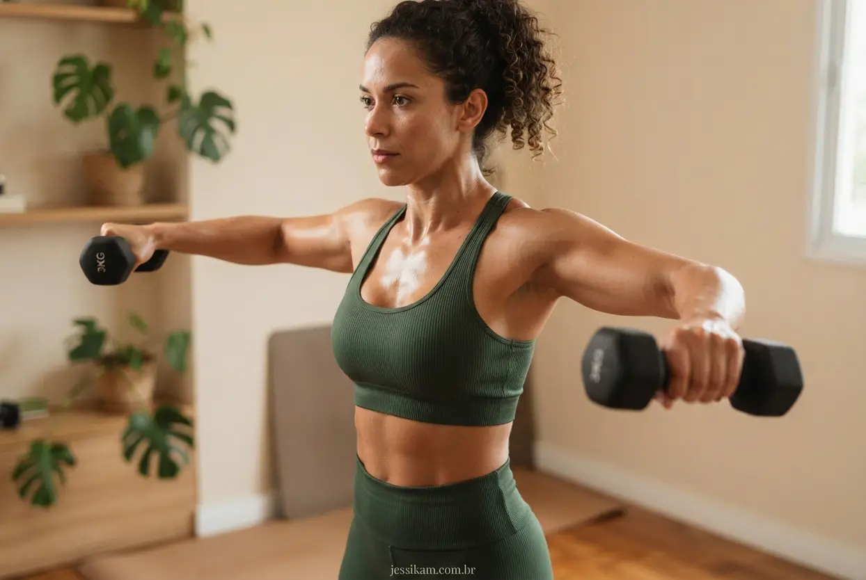 Definição muscular dos ombros femininos Detalhe de ombros femininos definidos durante exercício de elevação lateral