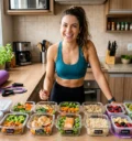 Mulher feliz com suas marmitas fit semanais prontas