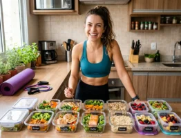 Mulher feliz com suas marmitas fit semanais prontas