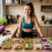 Mulher feliz com suas marmitas fit semanais prontas