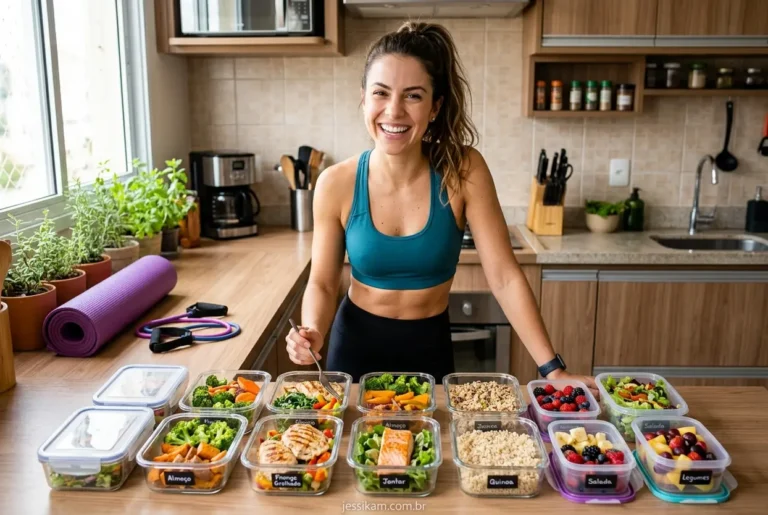 Mulher feliz com suas marmitas fit semanais prontas
