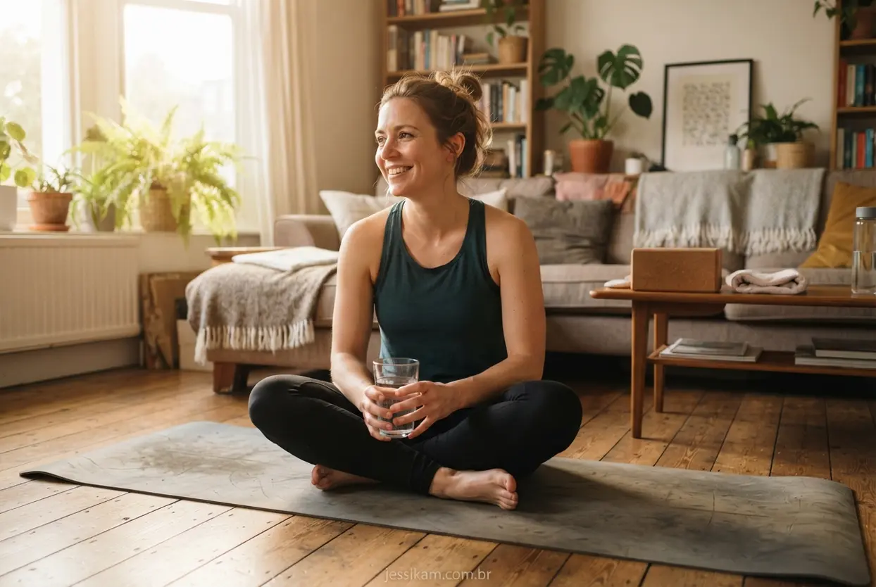 Mente sã e satisfação após o treino em casa Mulher feliz sentada no tapete de yoga após exercitar os ombros