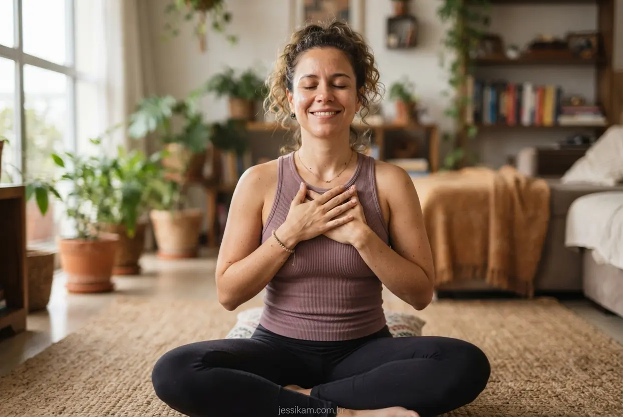 Mulher sentada no tapete de yoga praticando meditação e autoaceitação