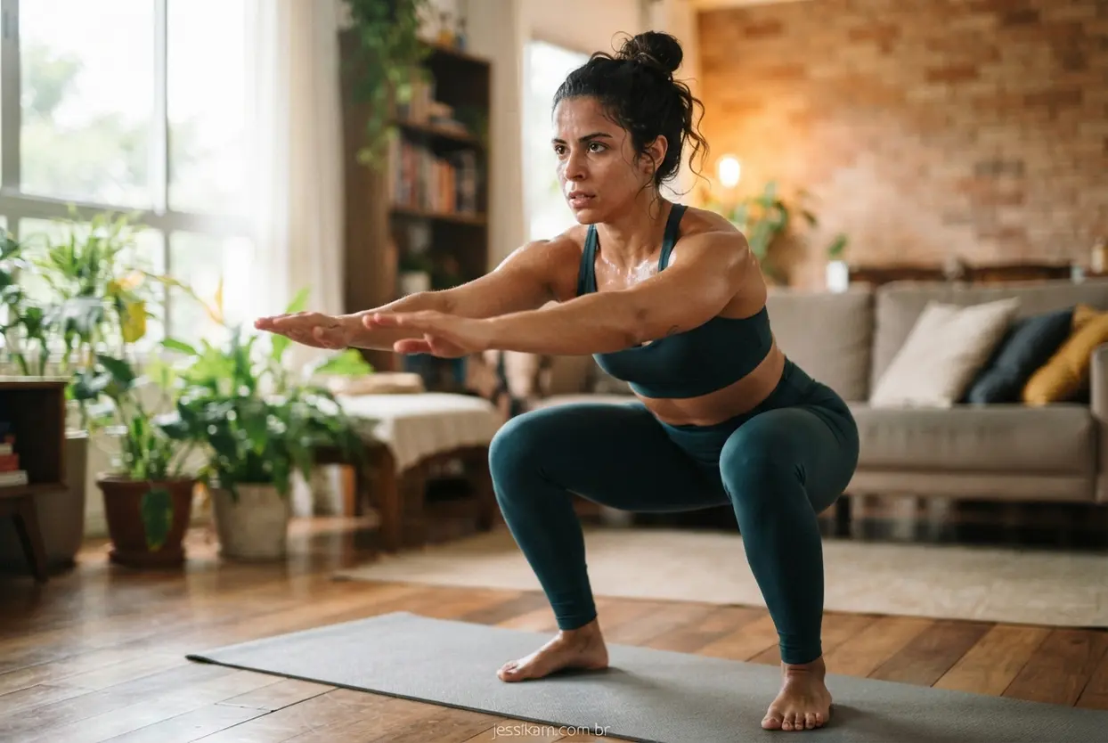 Benefícios do treino feminino Mulher treinando agachamento em casa com muita disposição