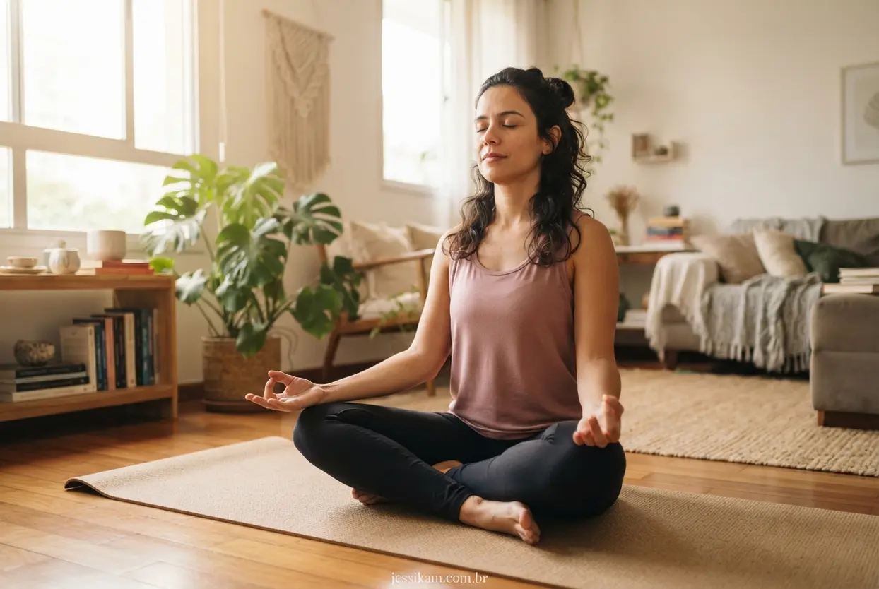 Mente equilibrada para emagrecimento mulher meditando e se preparando mentalmente para o treino