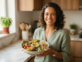 Mulher sorridente segurando uma salada colorida na cozinha