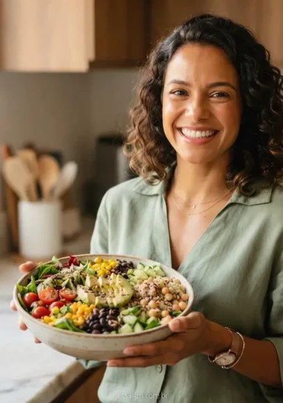 Mulher sorridente segurando uma salada colorida na cozinha