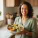 Mulher sorridente segurando uma salada colorida na cozinha